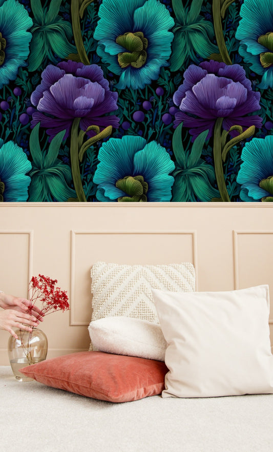 Teal Fronds large scale wallpaper in a styled room