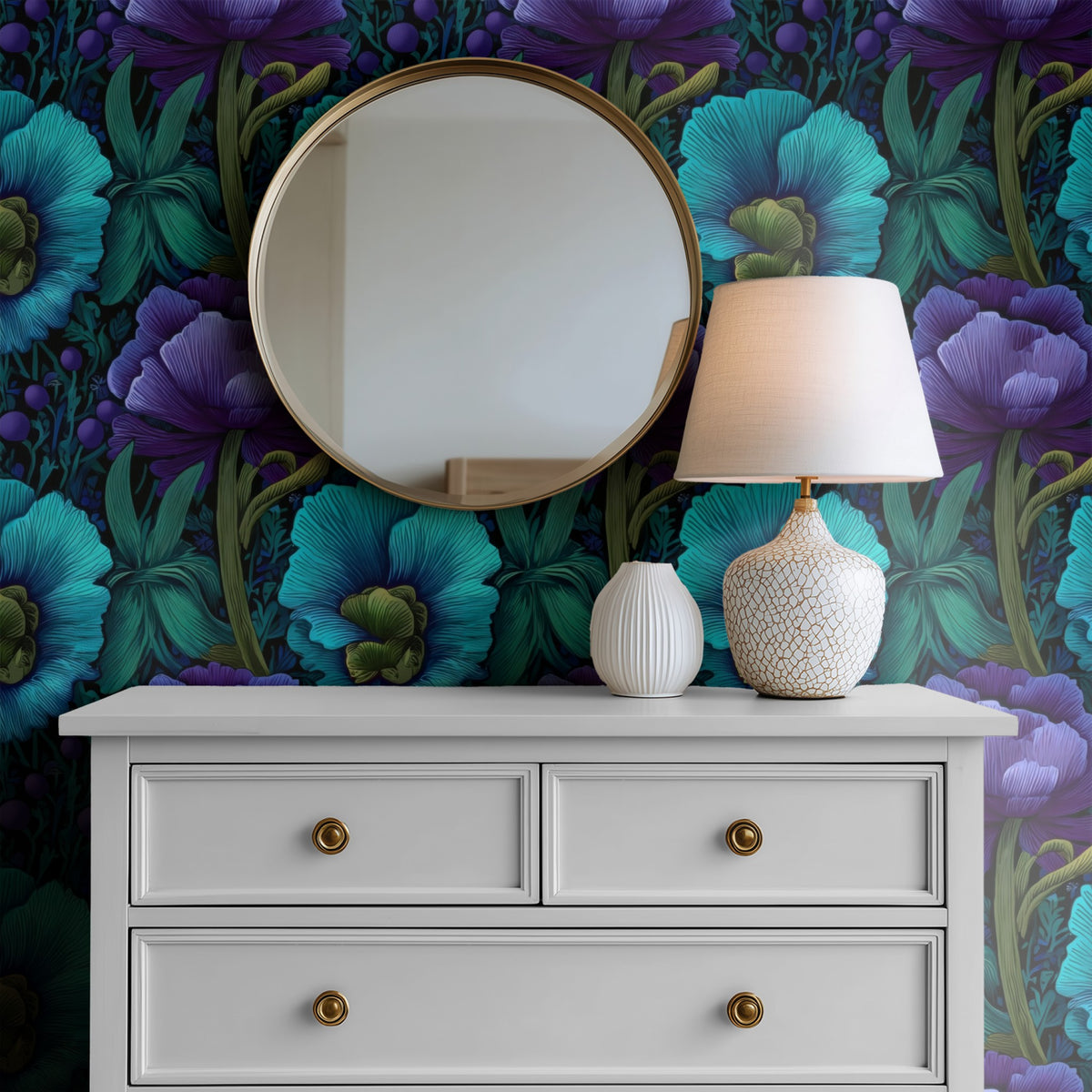 Teal Fronds large scale wallpaper in a styled room