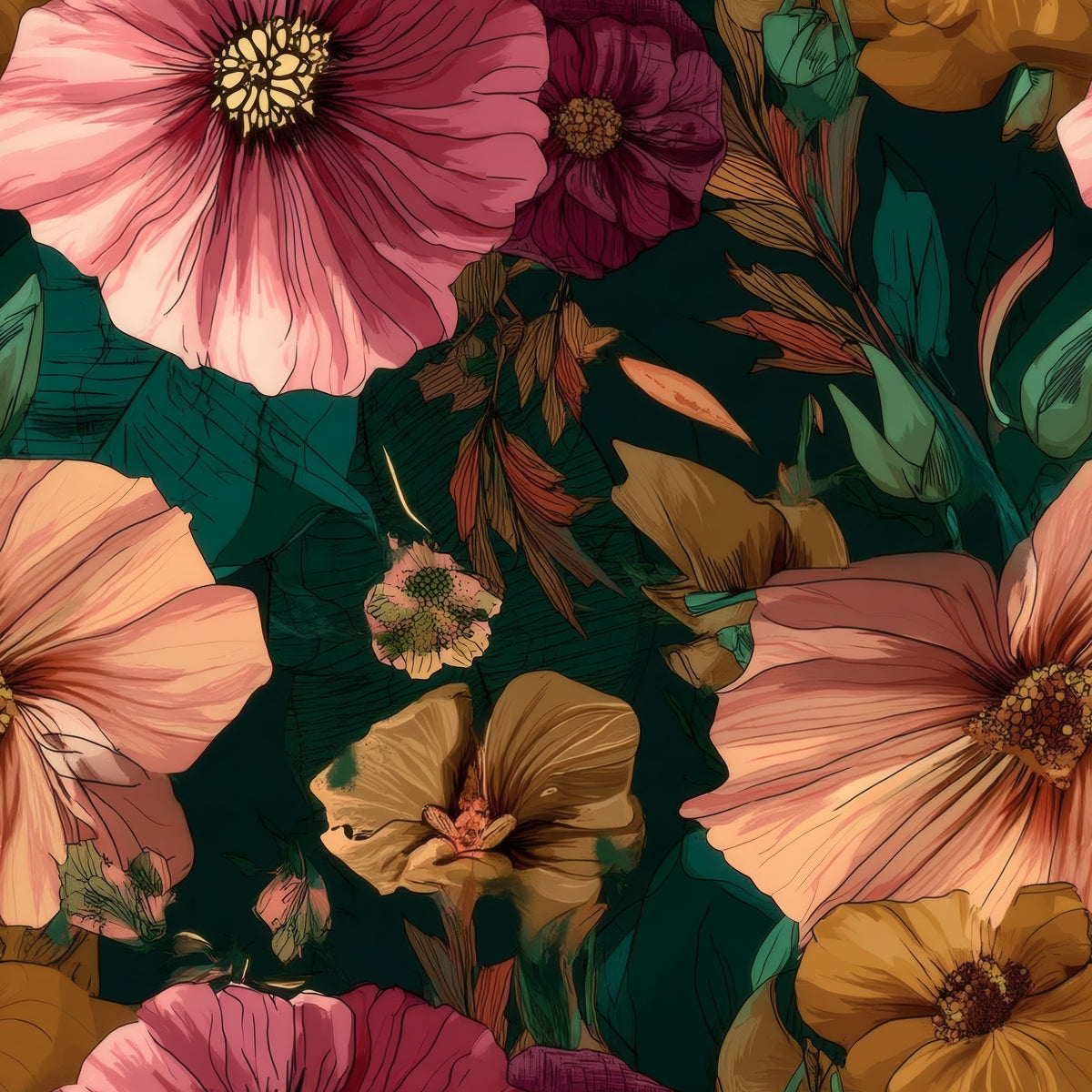 Teal Garden large scale wallpaper pattern repeat