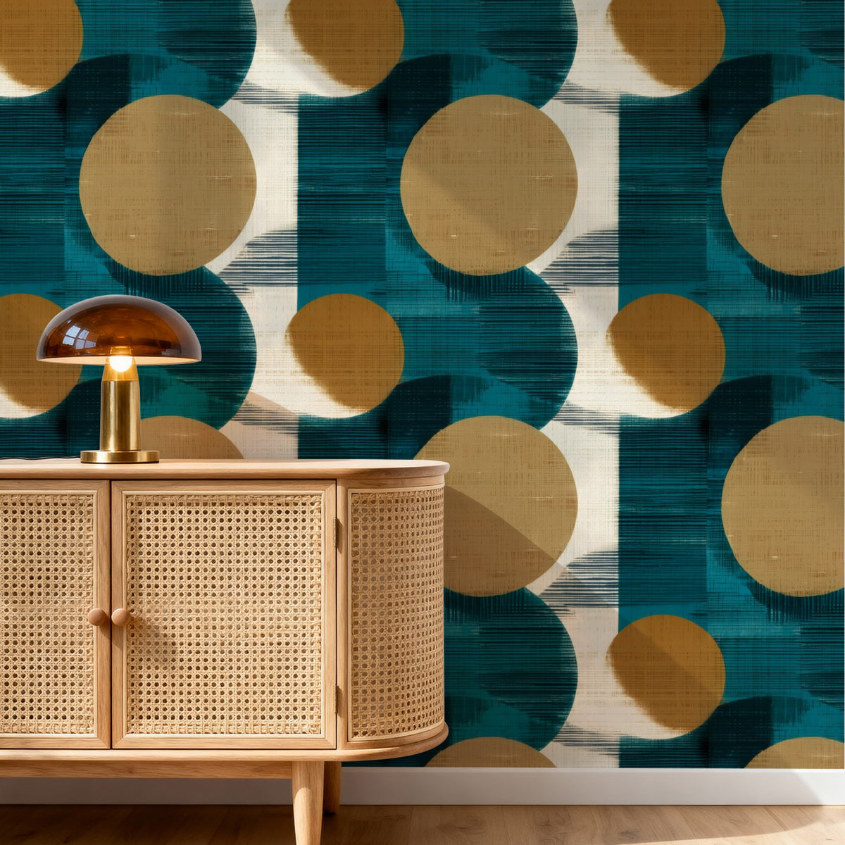 Teal Geometric large scale wallpaper in a styled room