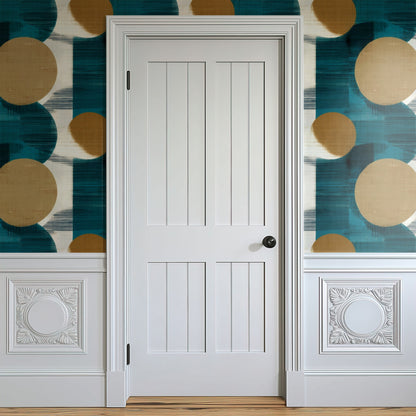Teal Geometric large scale wallpaper in a styled room