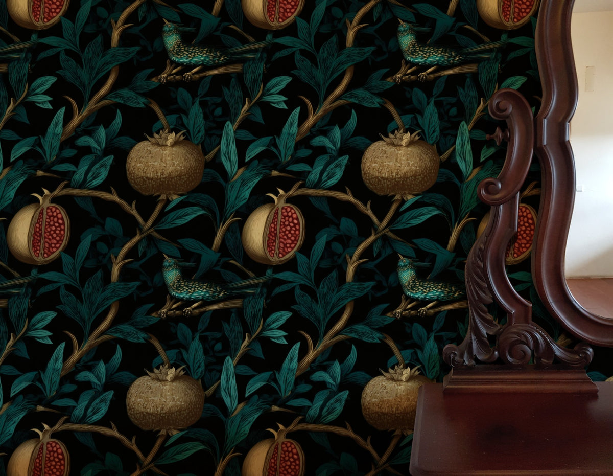 Teal Pomegranate large scale wallpaper in a styled room