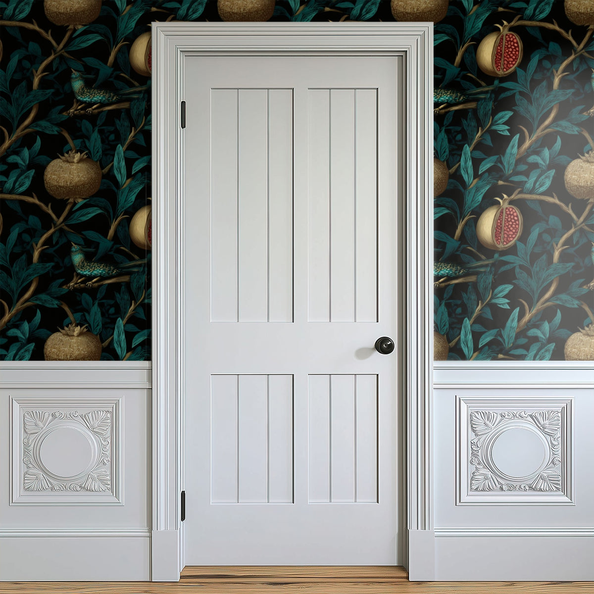 Teal Pomegranate large scale wallpaper in a styled room