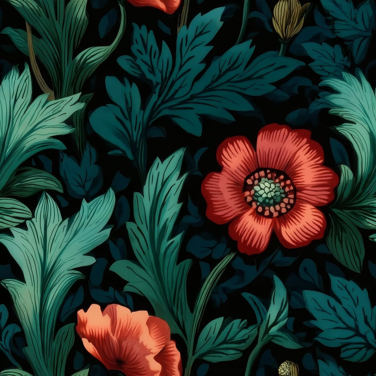 Teal Poppy large scale wallpaper pattern repeat