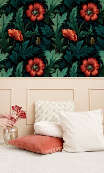 Teal Poppy large scale wallpaper in a styled room