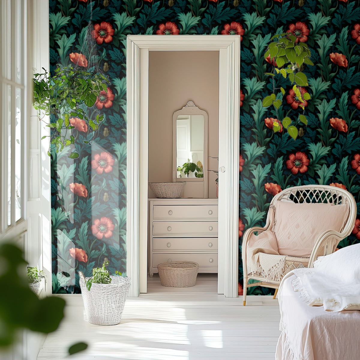 Teal Poppy large scale wallpaper in a styled room