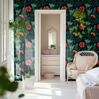 Teal Poppy large scale wallpaper in a styled room