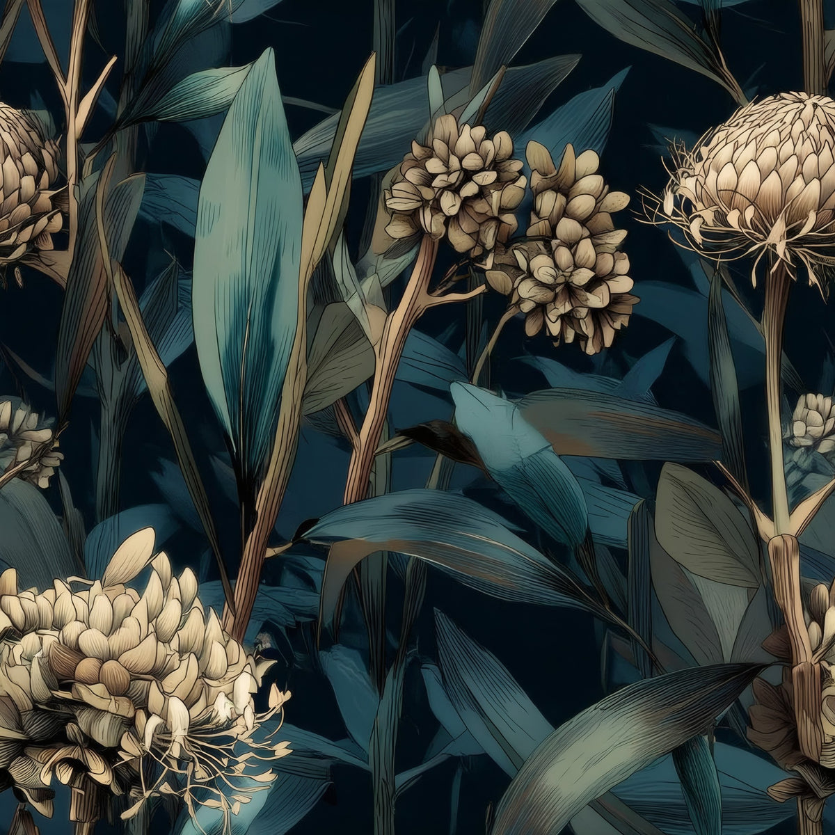 Teal Protea large scale wallpaper pattern repeat