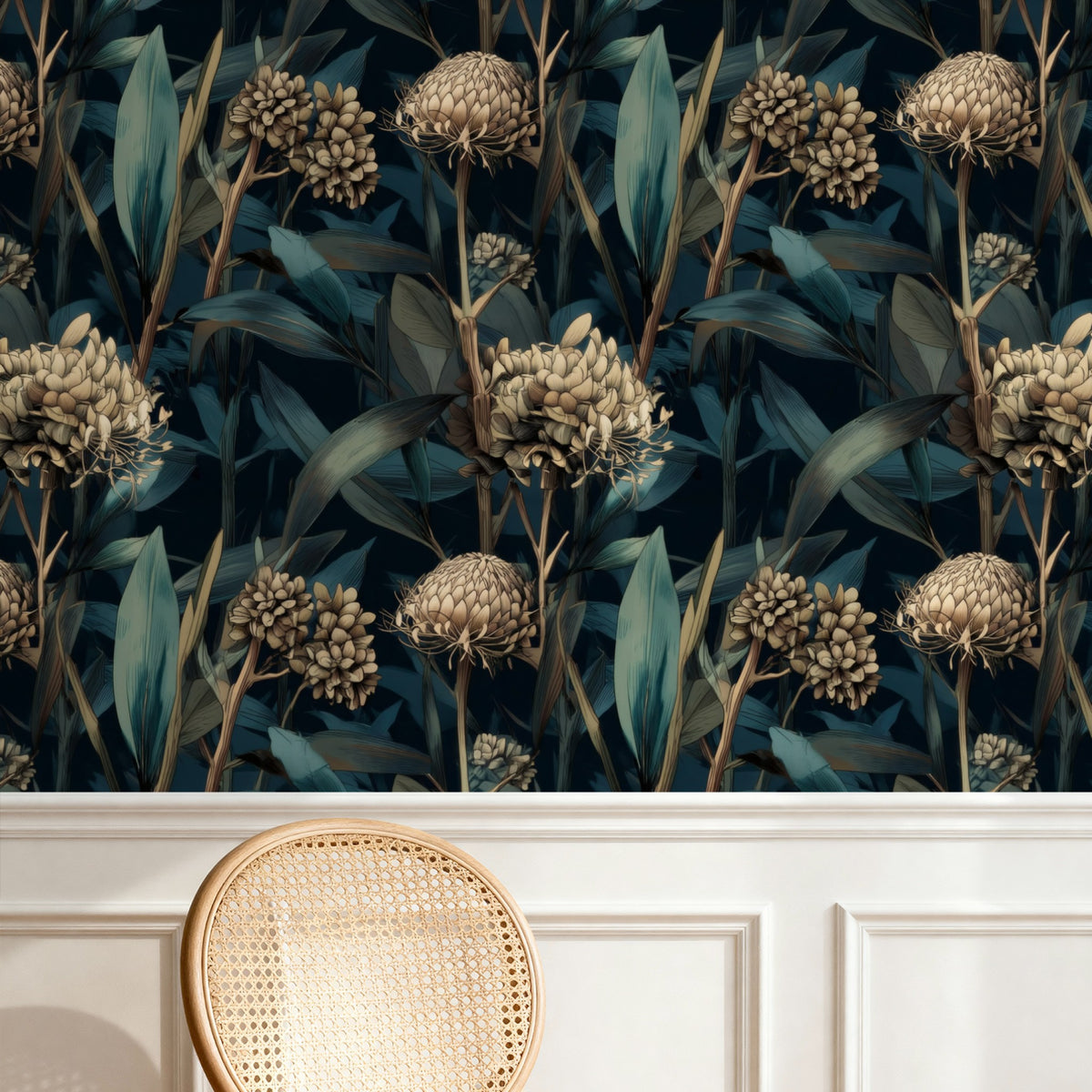 Teal Protea large scale wallpaper in a styled room