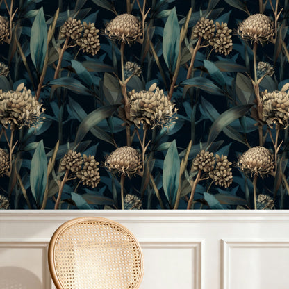 Teal Protea large scale wallpaper in a styled room