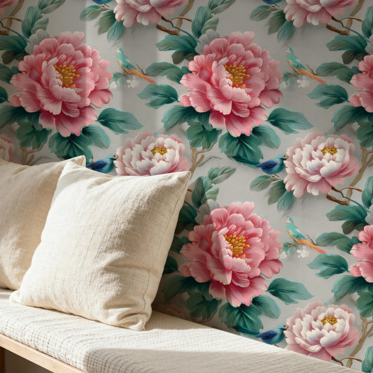 Teal Songbird large scale wallpaper in a styled room