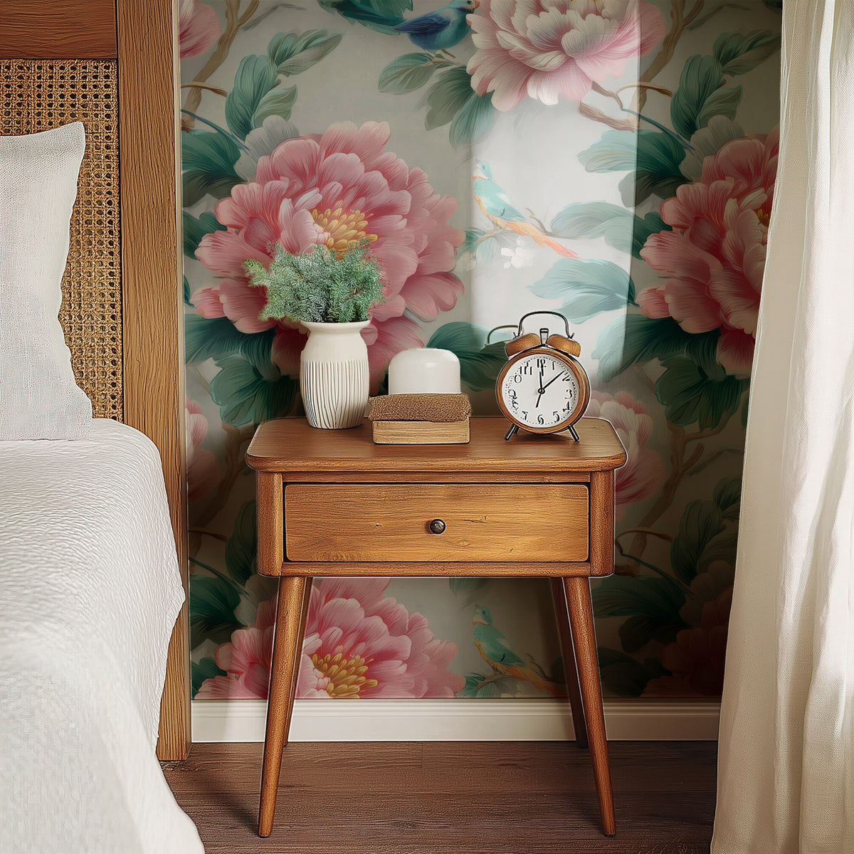 Teal Songbird large scale wallpaper in a styled room