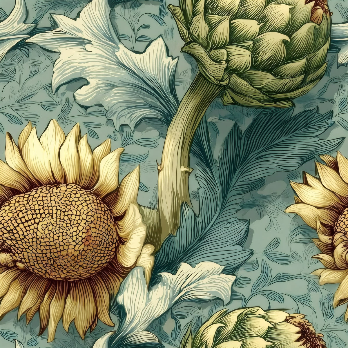Teal Sunflower large scale wallpaper pattern repeat
