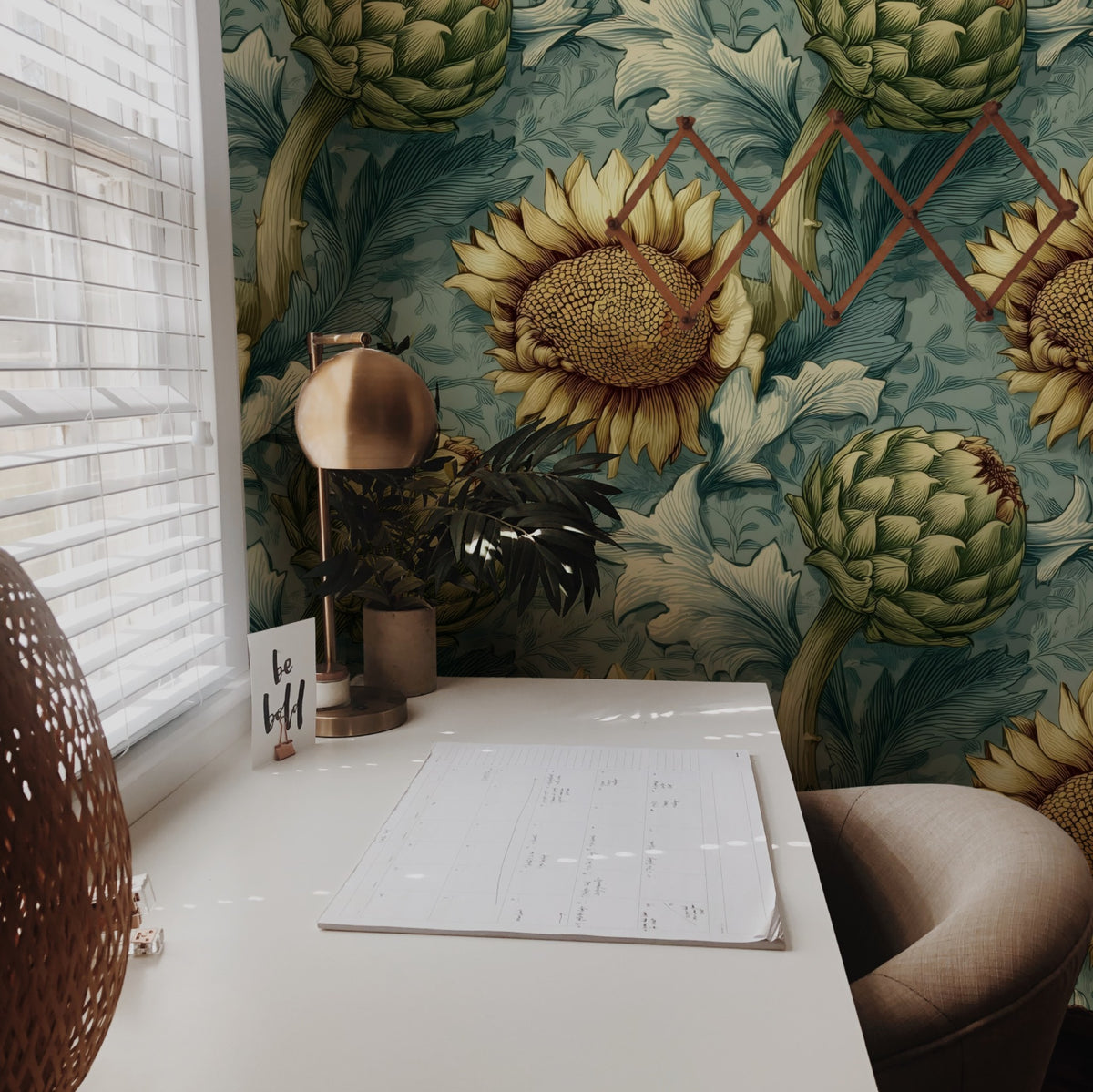 Teal Sunflower large scale wallpaper in a styled room