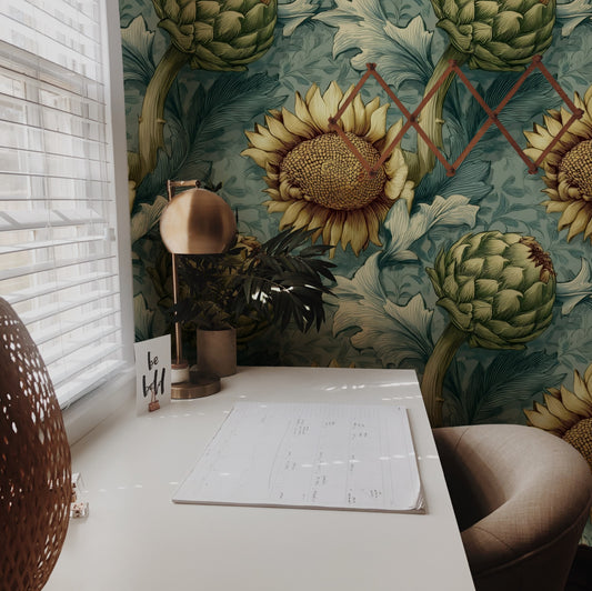 Teal Sunflower large scale wallpaper in a styled room
