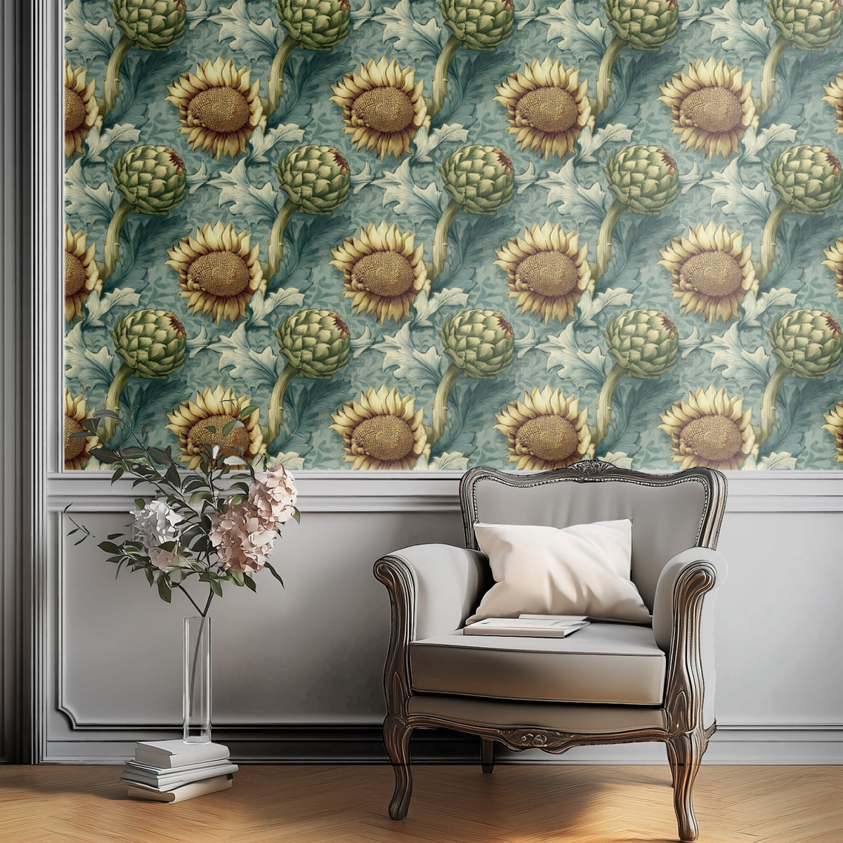 Teal Sunflower large scale wallpaper in a styled room