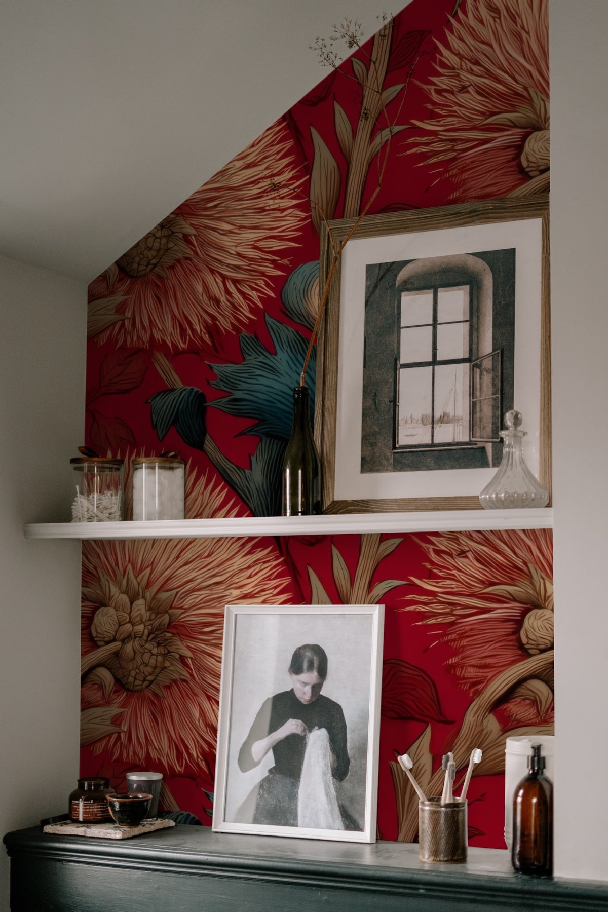 Teal Thistle large scale wallpaper in a styled room
