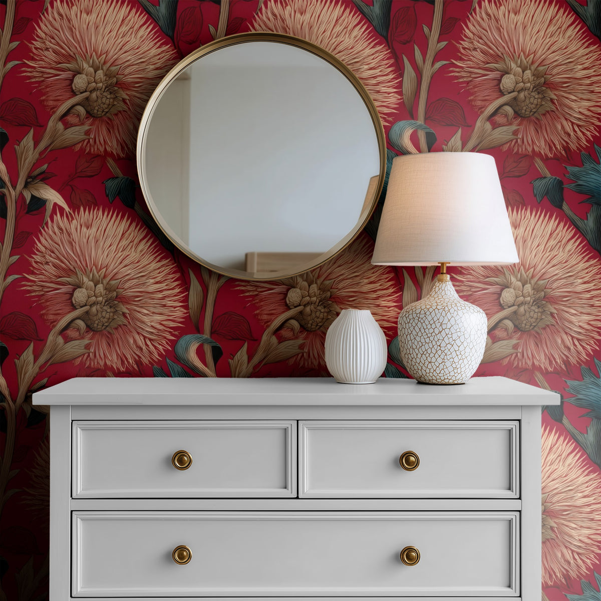 Teal Thistle large scale wallpaper in a styled room