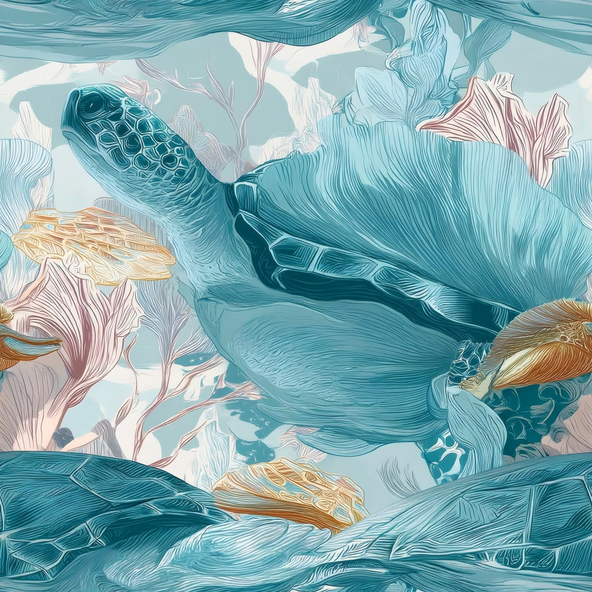Teal Turtle large scale wallpaper pattern repeat