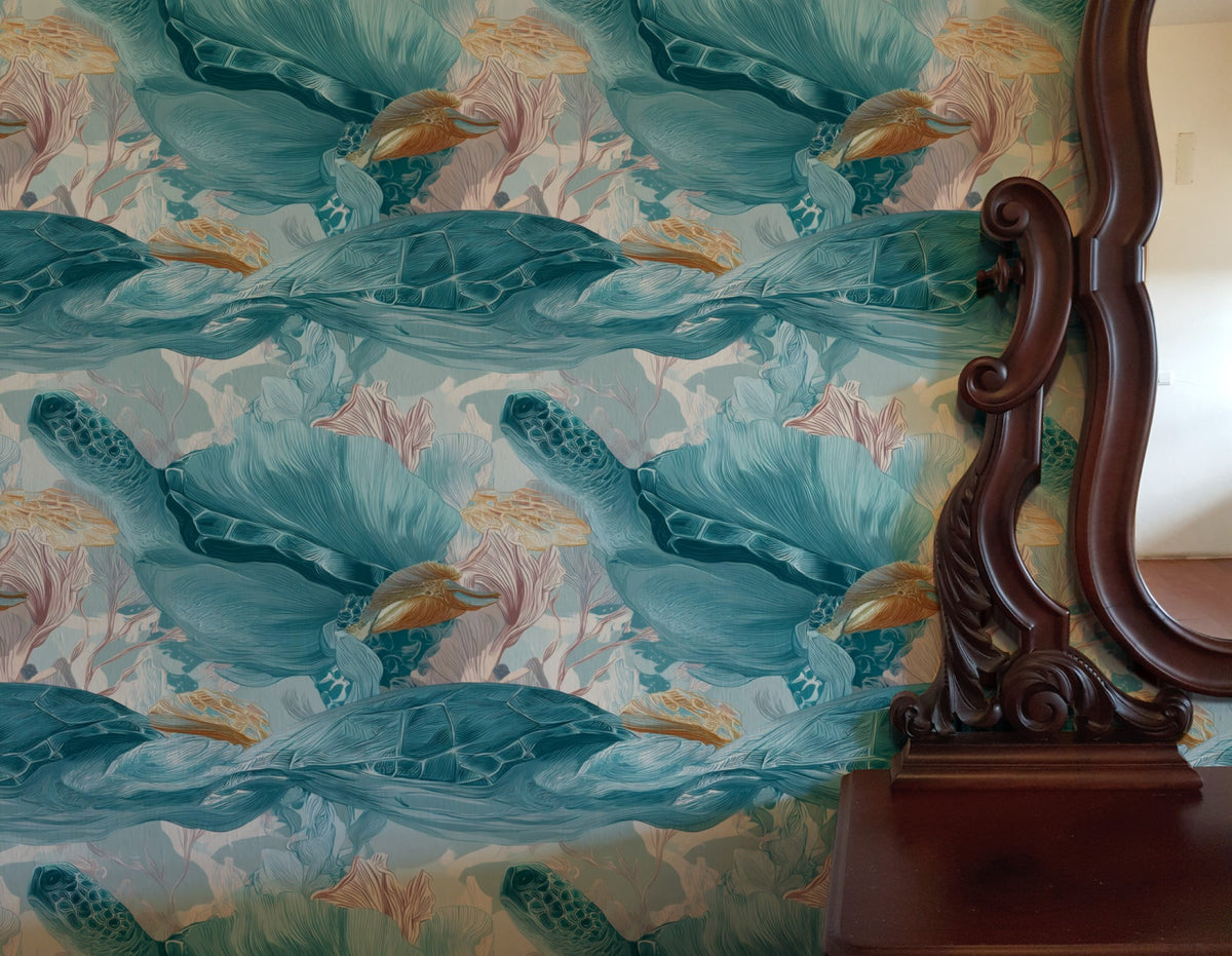 Teal Turtle large scale wallpaper in a styled room