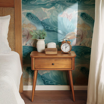 Teal Turtle large scale wallpaper in a styled room