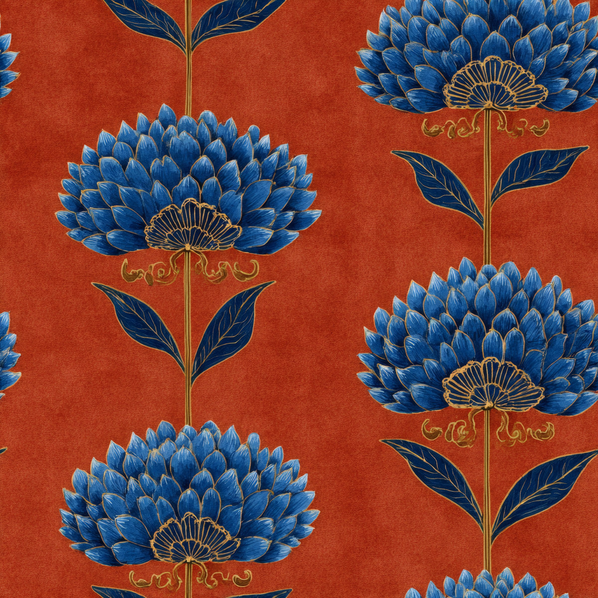 Cobalt-blue folk flowers with gold linework in vertical columns on a terracotta ground.
