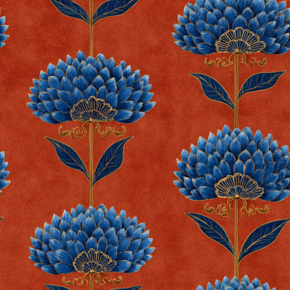 Cobalt-blue folk flowers with gold linework in vertical columns on a terracotta ground.