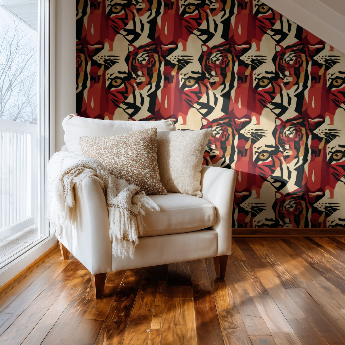 Tiger Grid large scale wallpaper in a styled room