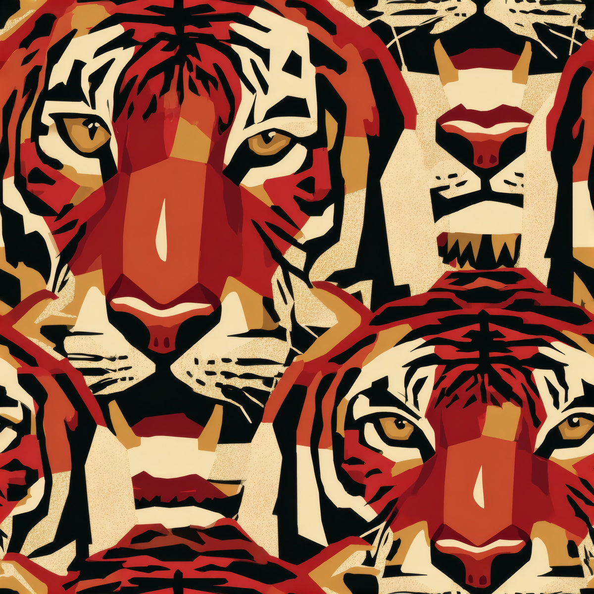 Stylised tiger faces in flat red, cream and black arranged in a grid.