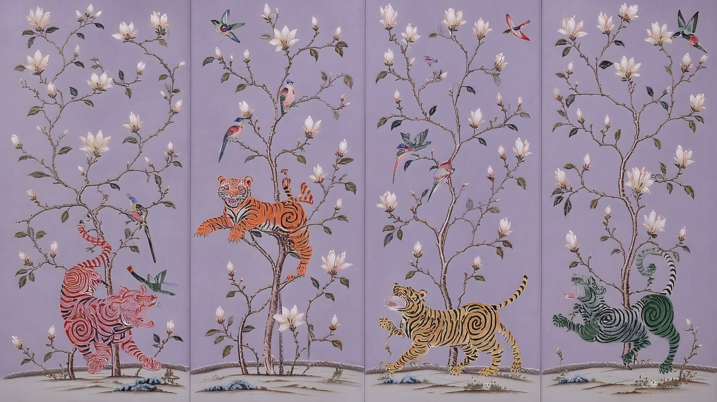 Chinoiserie mural of spiral-striped tigers climbing magnolia branches with songbirds on lavender.
