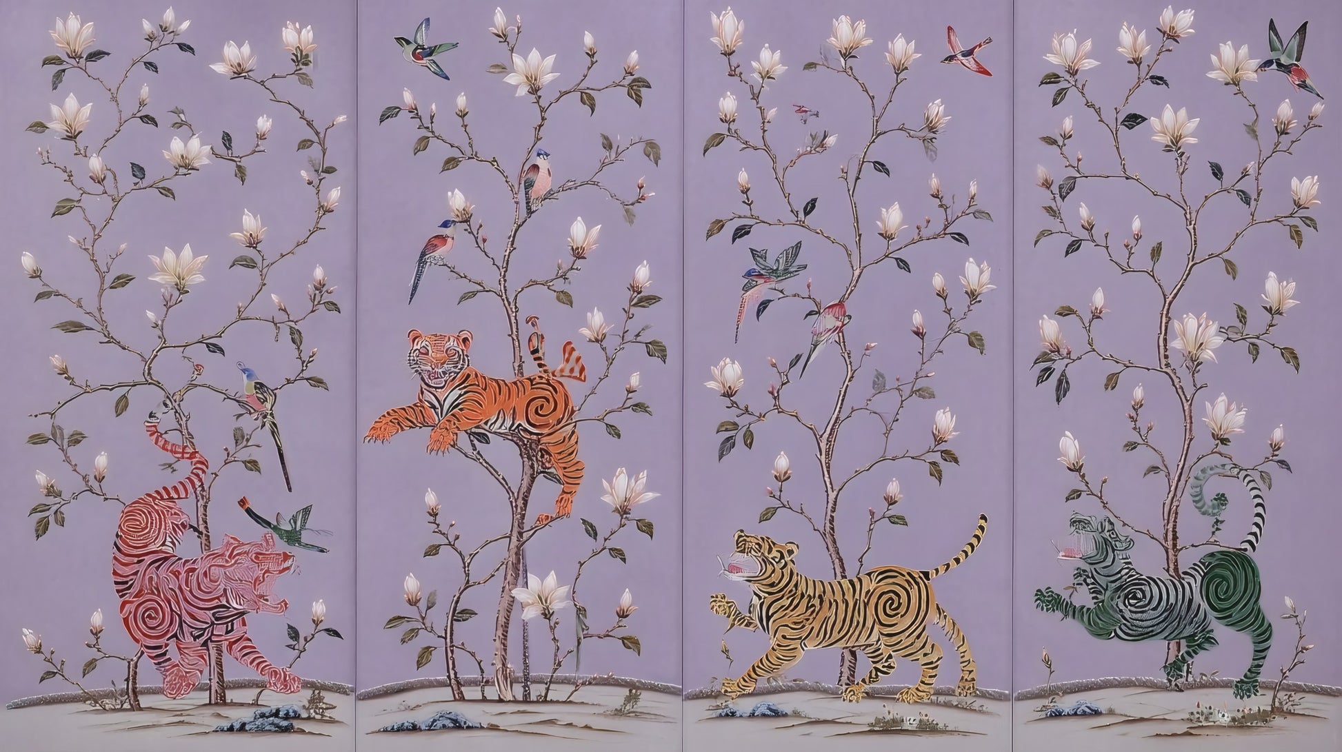 Chinoiserie mural of spiral-striped tigers climbing magnolia branches with songbirds on lavender.
