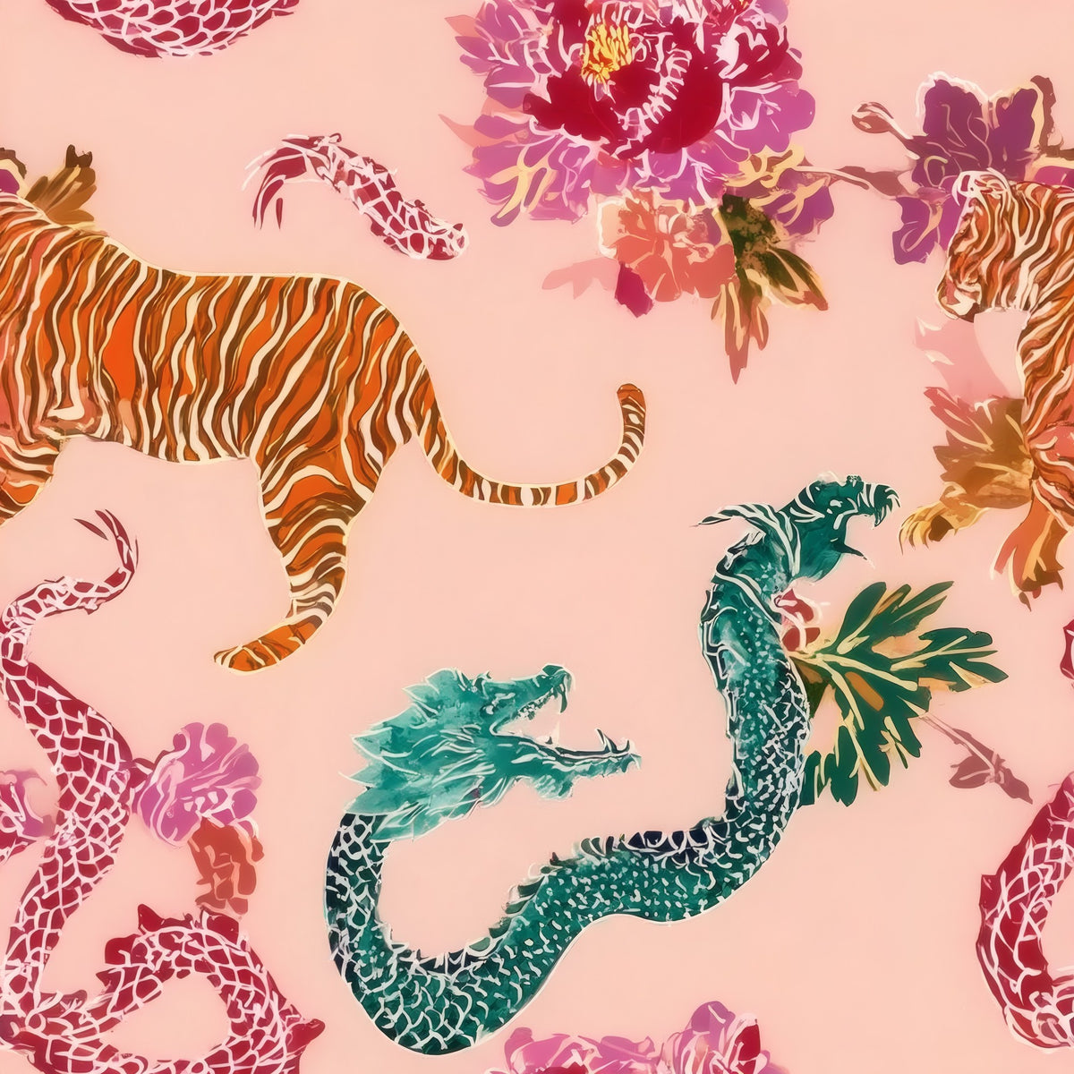 Tigers & Dragons large scale wallpaper pattern repeat