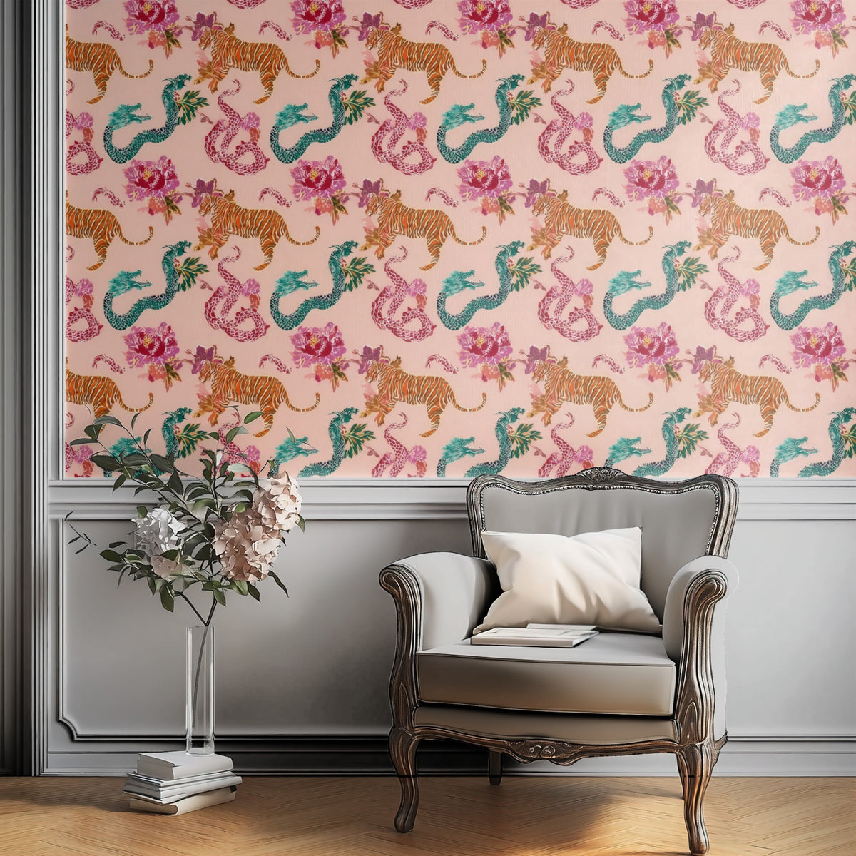 Tigers & Dragons large scale wallpaper in a styled room