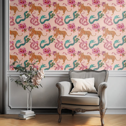 Tigers & Dragons large scale wallpaper in a styled room