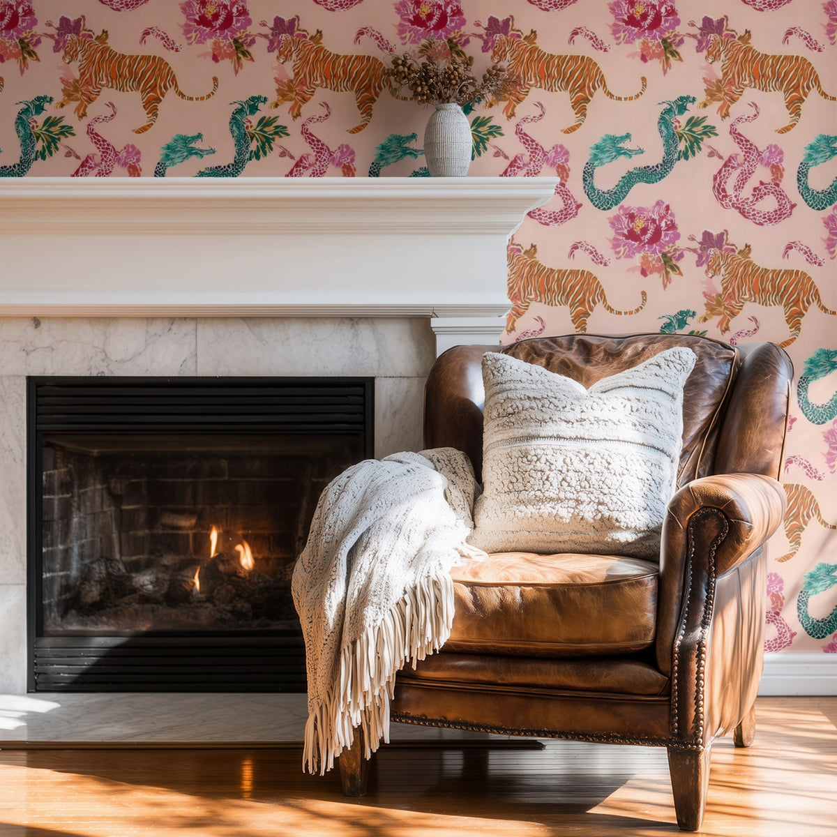 Tigers & Dragons large scale wallpaper in a styled room