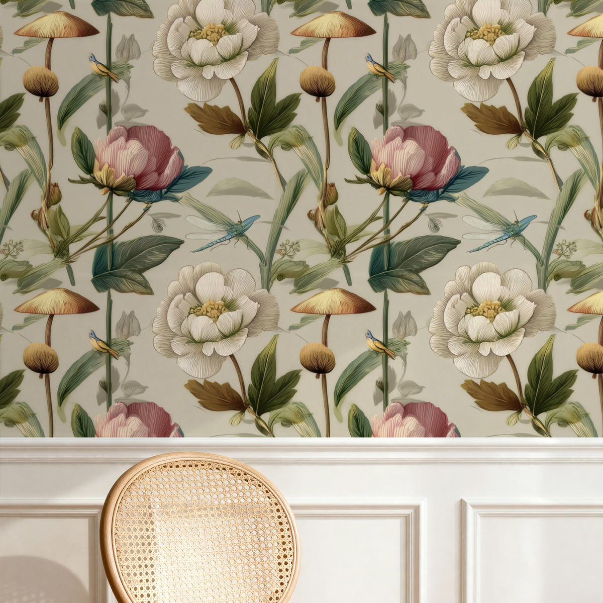 Toadstool Meadow large scale wallpaper in a styled room