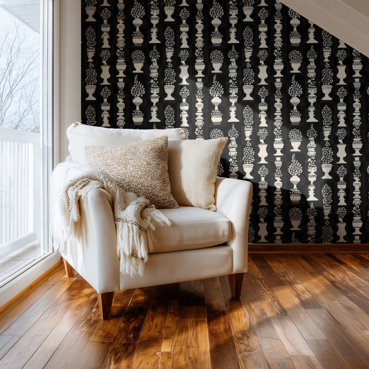 Topiary Urns large scale wallpaper in a styled room