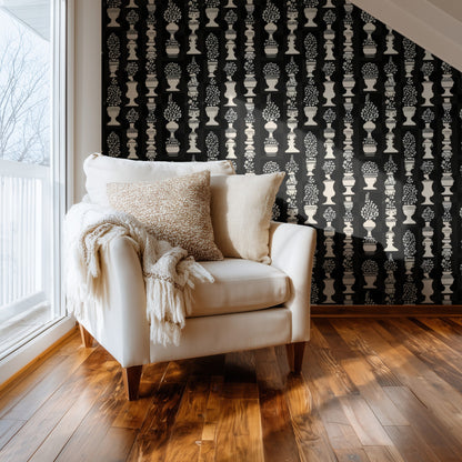 Topiary Urns large scale wallpaper in a styled room