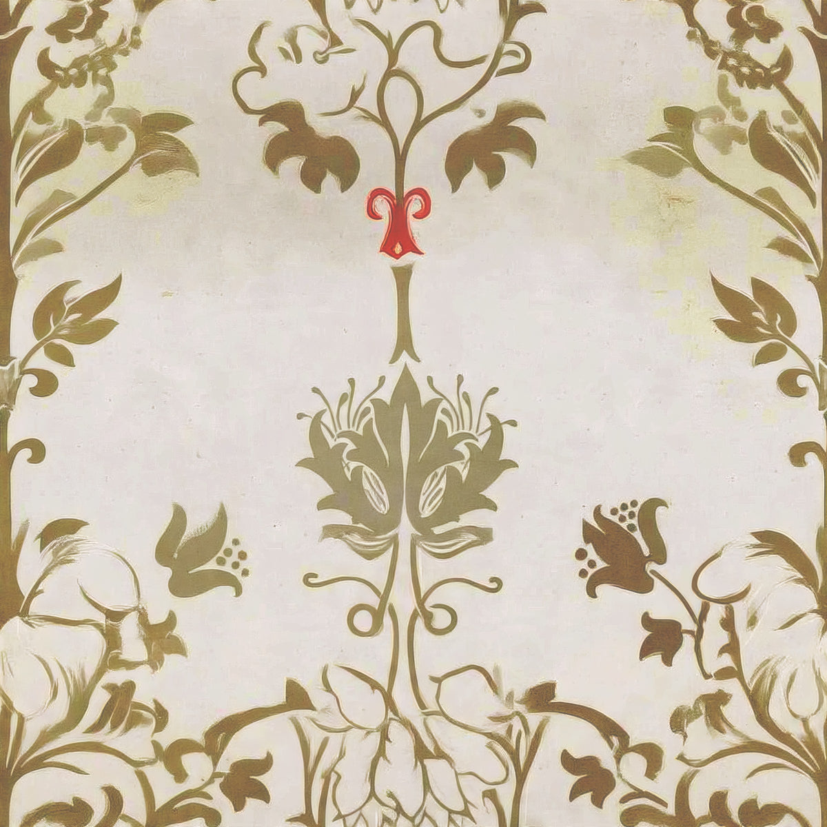 A delicate trail of taupe and red flowers climbs in a symmetrical column over a pale linen ground, a William Morris design.