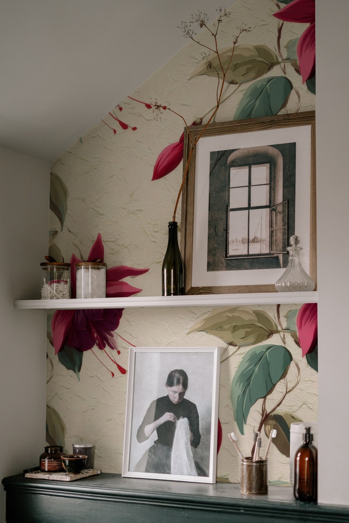 Trailing Fuchsia large scale wallpaper in a styled room