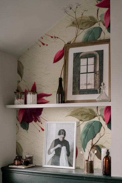 Trailing Fuchsia large scale wallpaper in a styled room