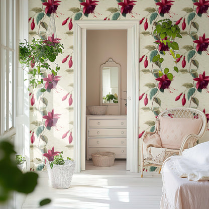 Trailing Fuchsia large scale wallpaper in a styled room