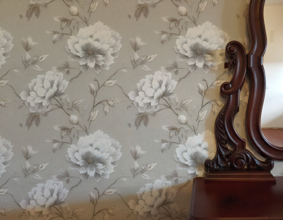 Trailing Rose large scale wallpaper in a styled room