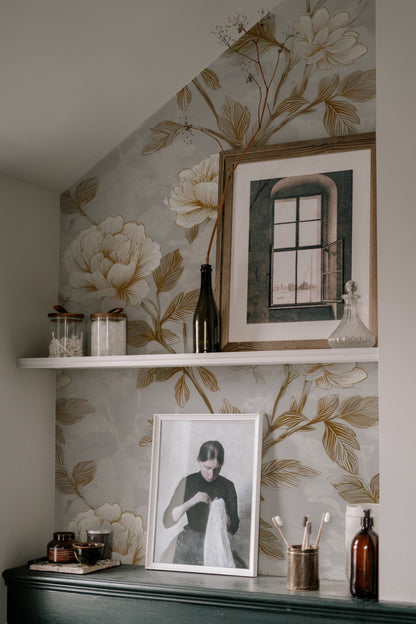 Trailing Roses large scale wallpaper in a styled room