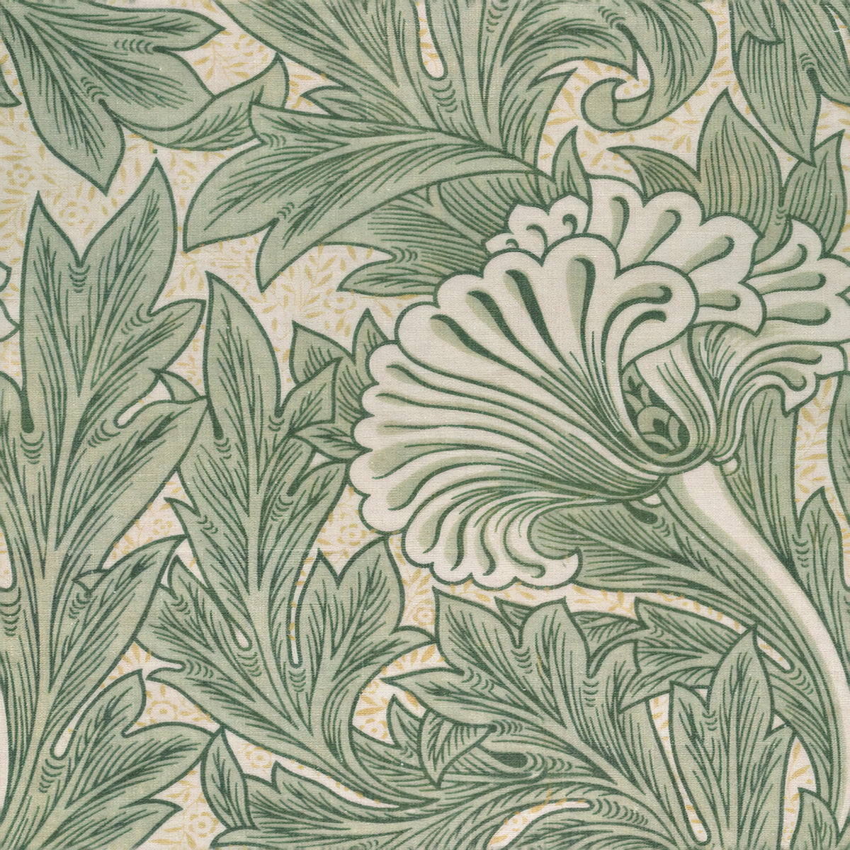 Large sage tulip and feathered leaves curling over a pale ground, a William Morris design.