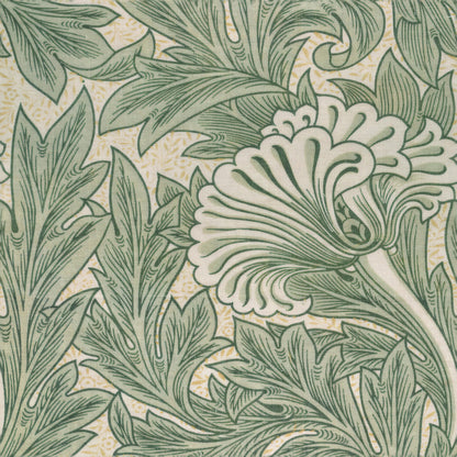 Large sage tulip and feathered leaves curling over a pale ground, a William Morris design.