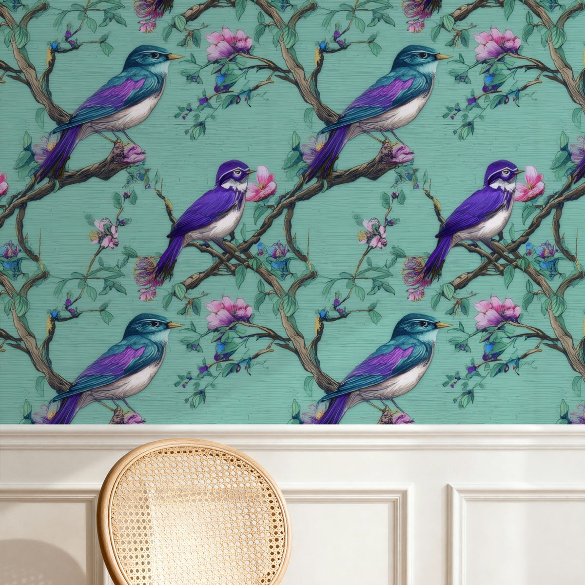 Turquoise Blossom large scale wallpaper in a styled room