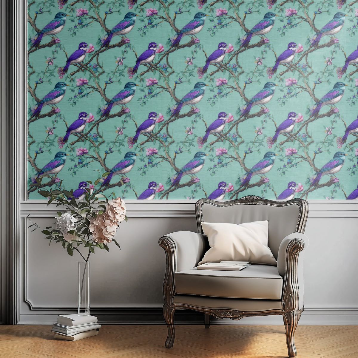 Turquoise Blossom large scale wallpaper in a styled room