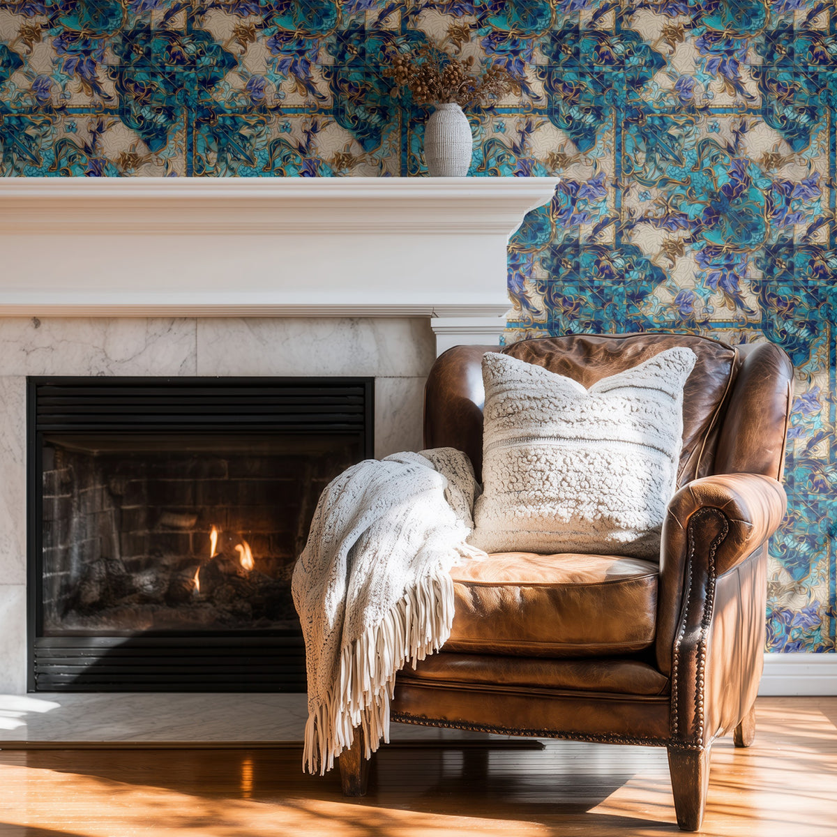 Turquoise Mosaic large scale wallpaper in a styled room
