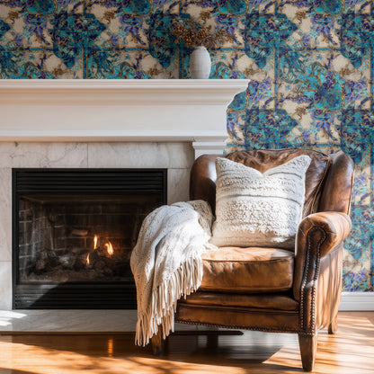 Turquoise Mosaic large scale wallpaper in a styled room